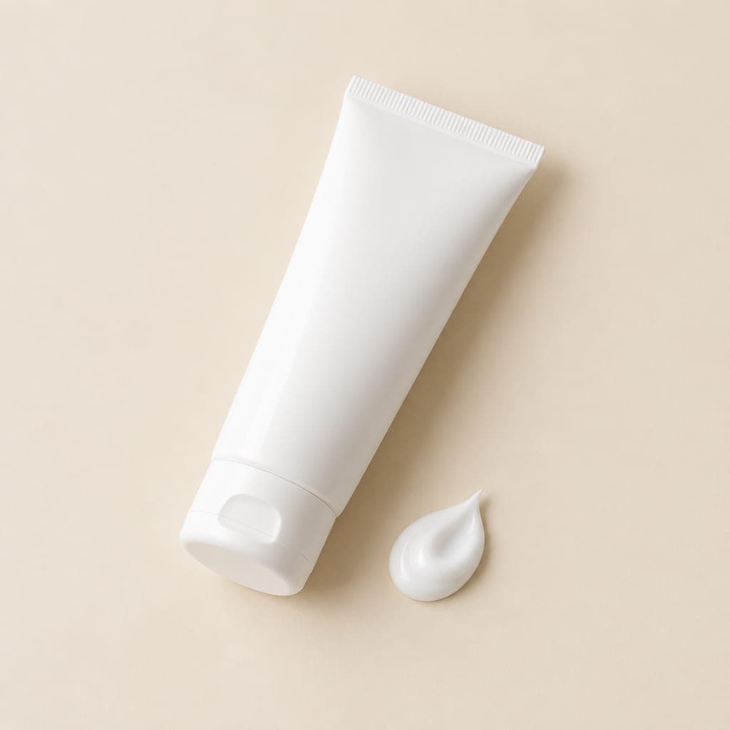 White squeeze tube lying beside a swirl of white cream