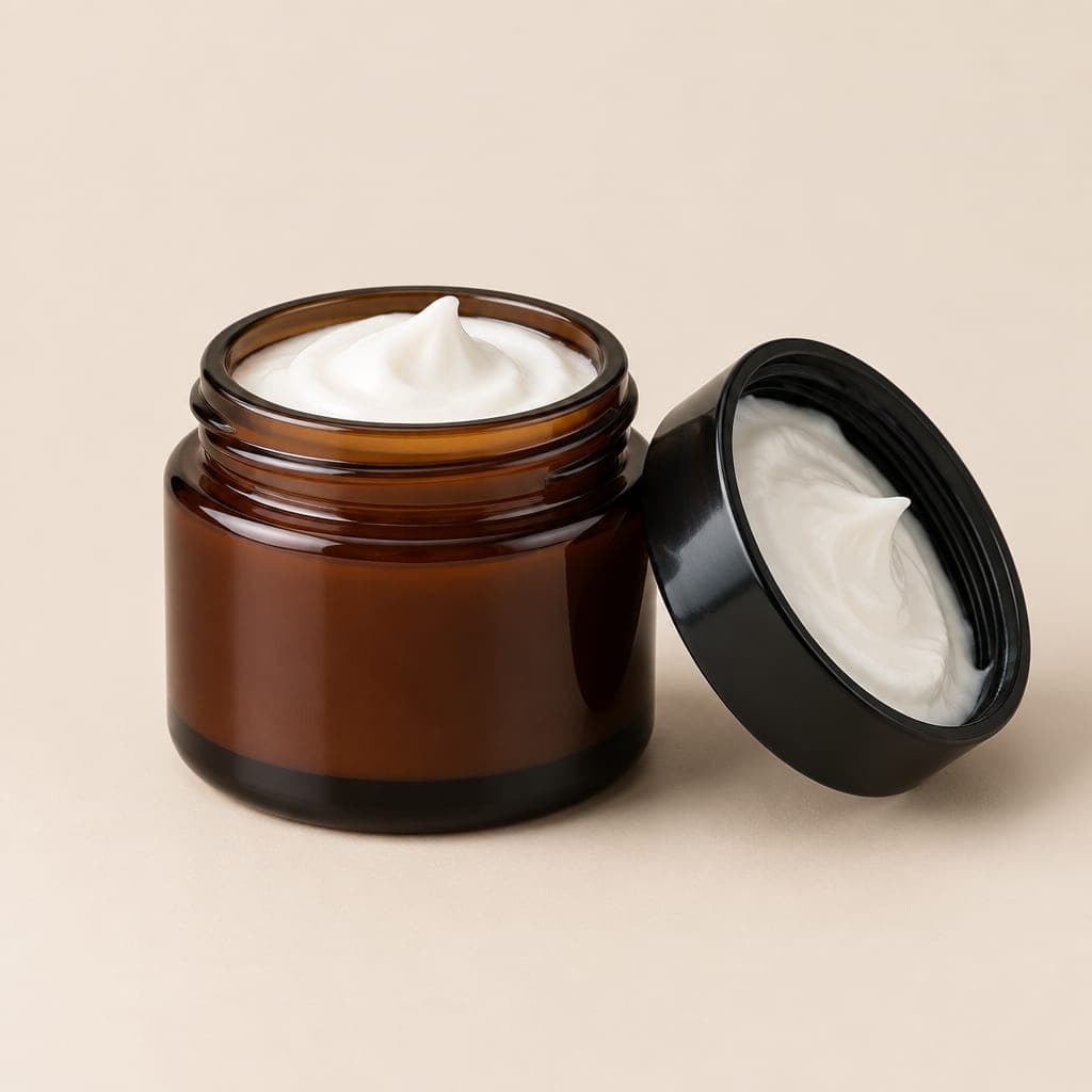 Open amber glass jar of white cream beside its black lid