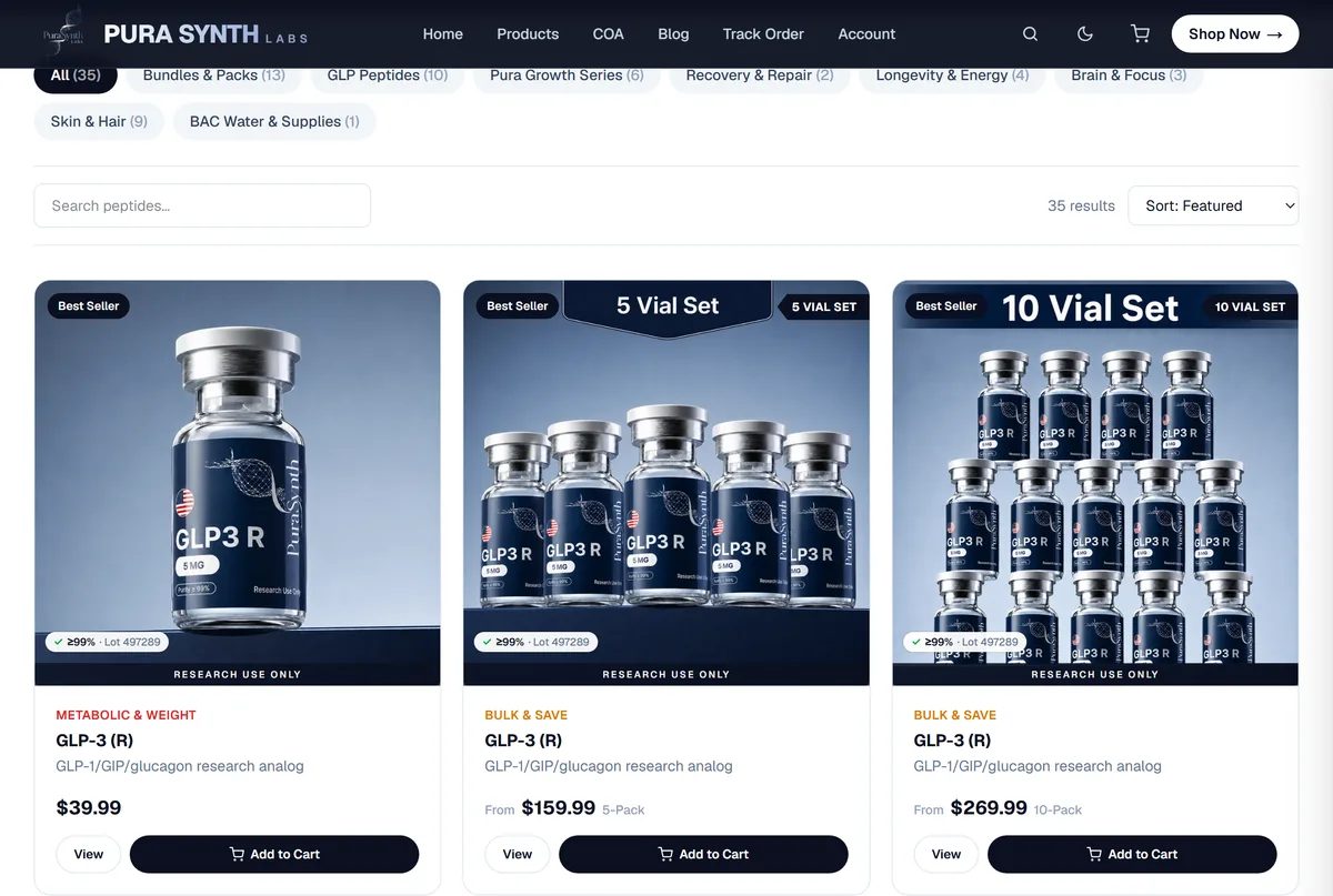 A research-compound catalogue listing — independently tested compounds, each shown with purity, lot number, and a certificate of analysis